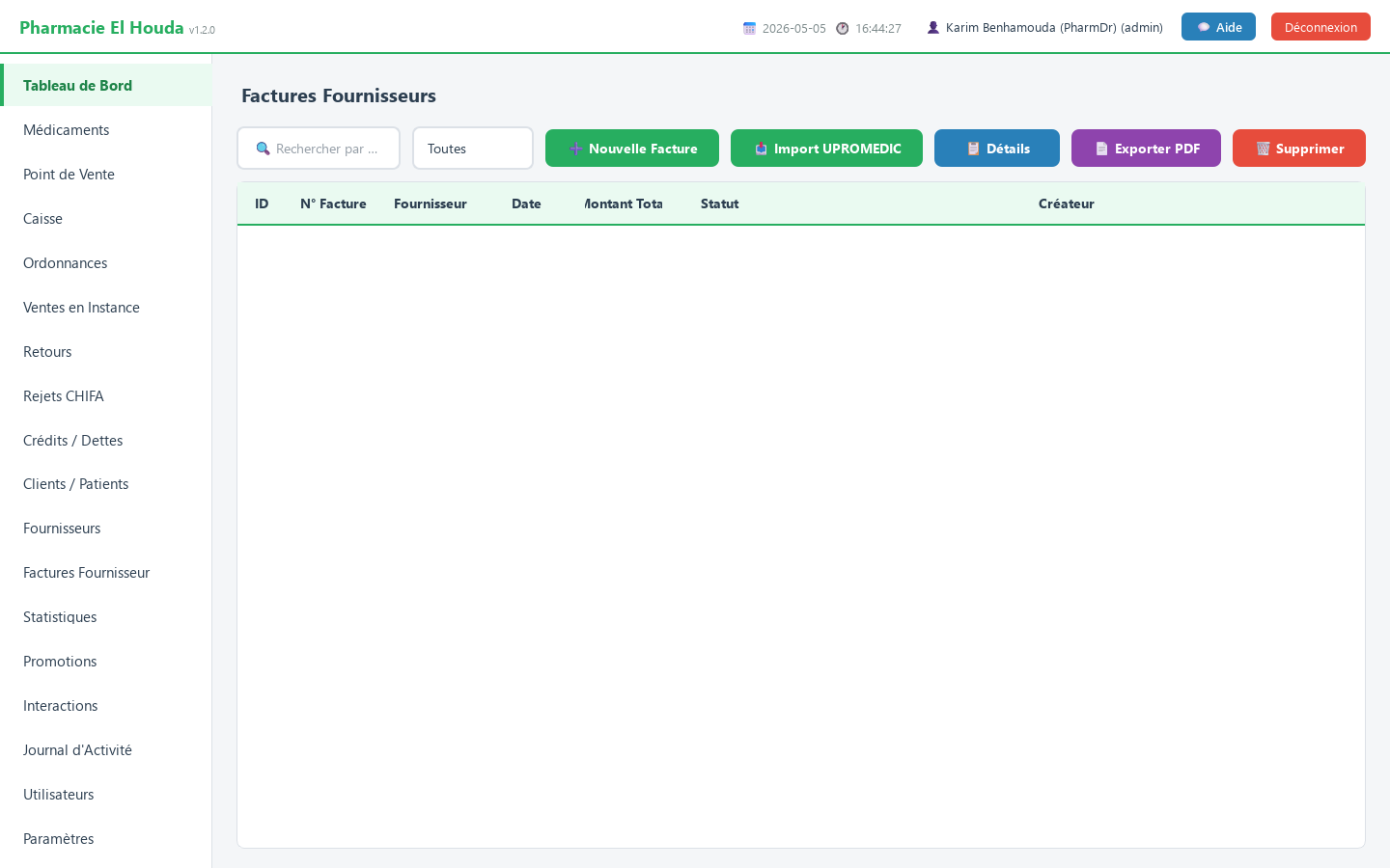 Page Factures Fournisseurs dans PharmaPro avec le bouton Exporter PDF