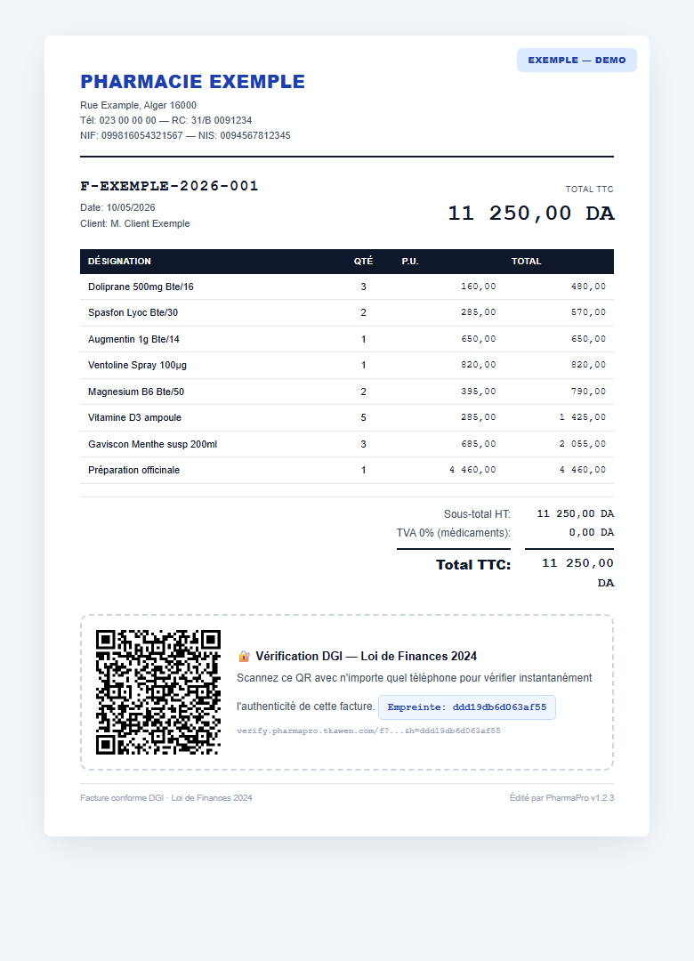 Exemple de facture PharmaPro avec QR code DGI