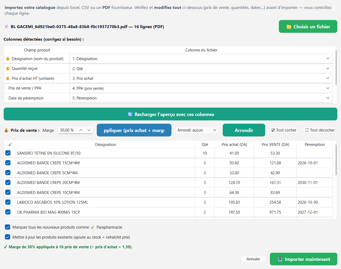Capture d'écran réelle — import depuis un PDF avec aperçu éditable et marge de vente